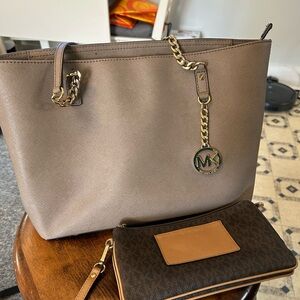 Michael Kors Taupe and Brown Tote Bag with Wallet